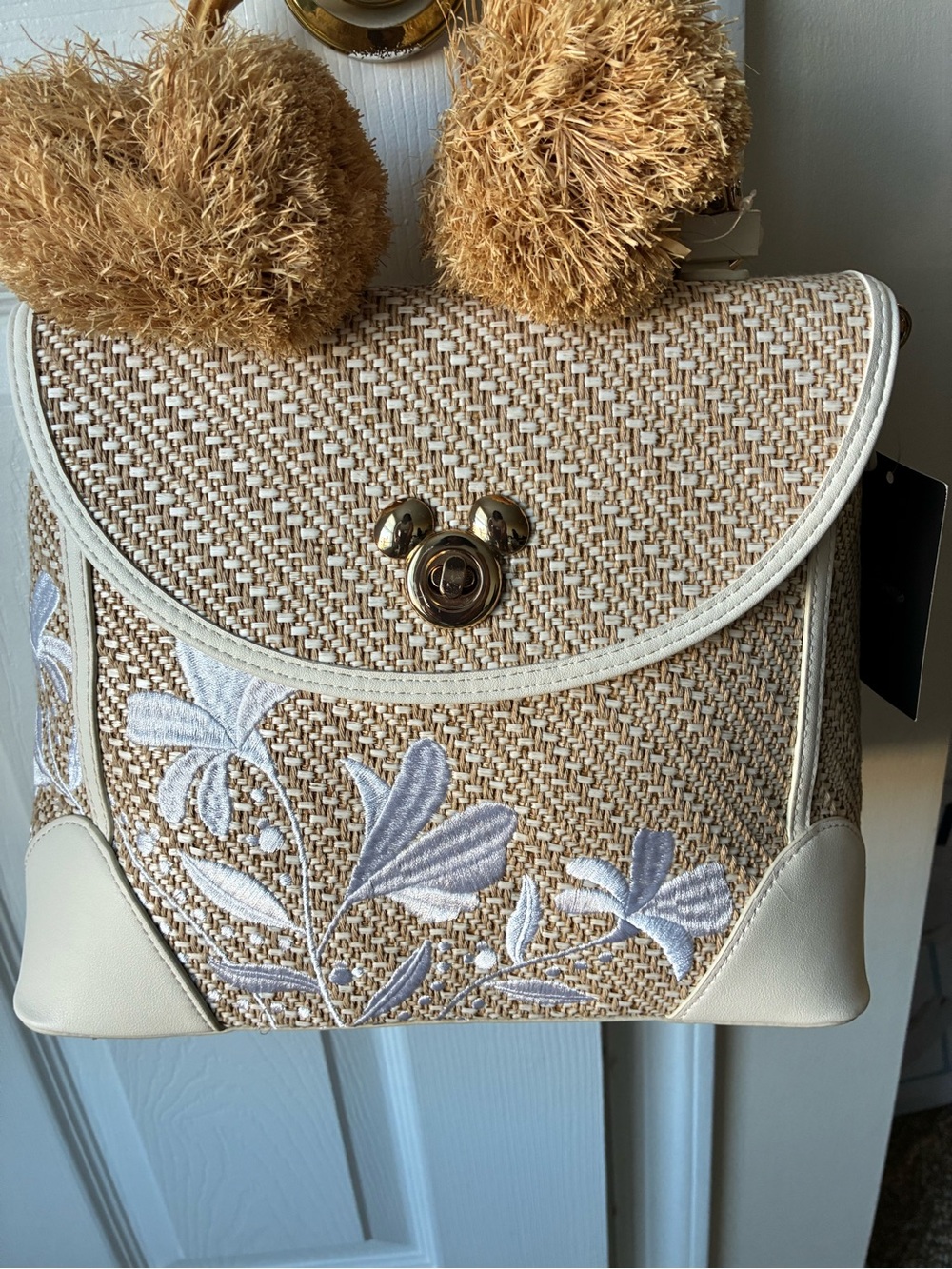 NWT Disney Woven Straw Crossbody Bag with White Floral Embroidery